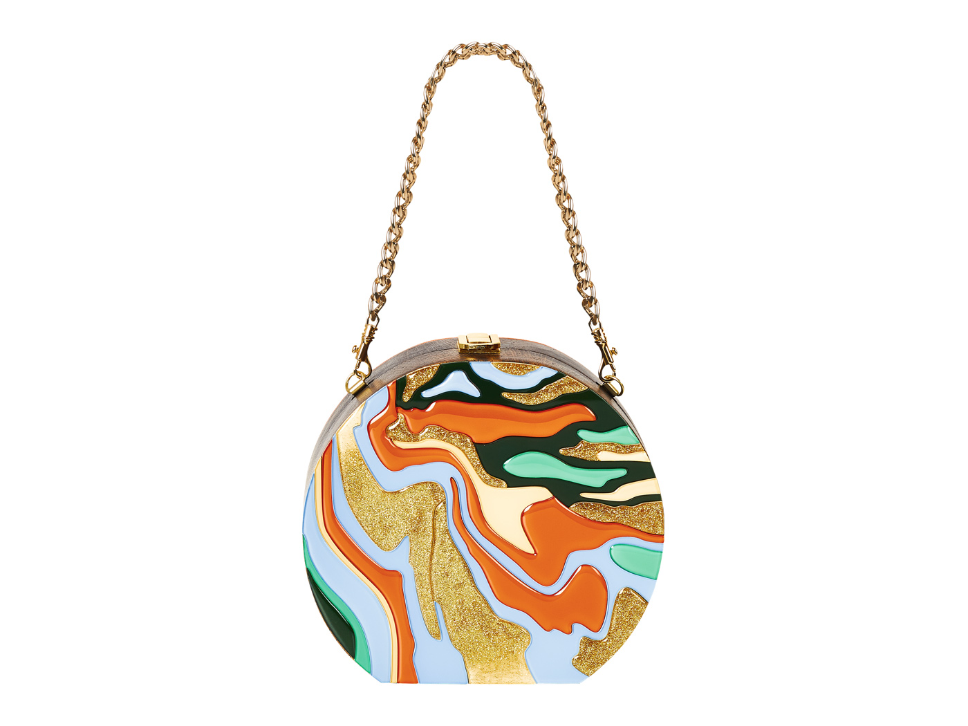 orange and blue clutch bag